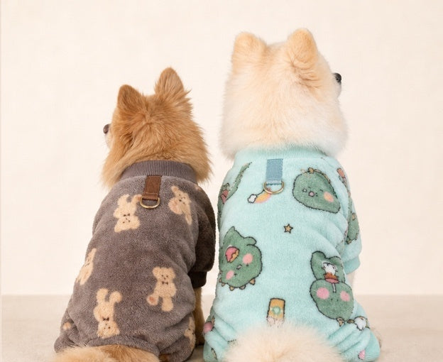 Dog Warm Fleece Bear & Dinosaur Pajama Jumpsuit – Plush Winter Coat for Chihuahua & Poodle